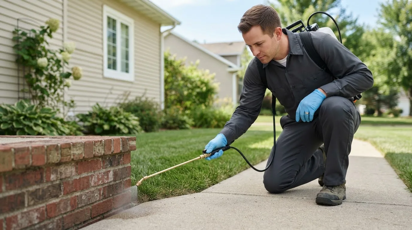 Pest control technician treating a home near Young America, MN